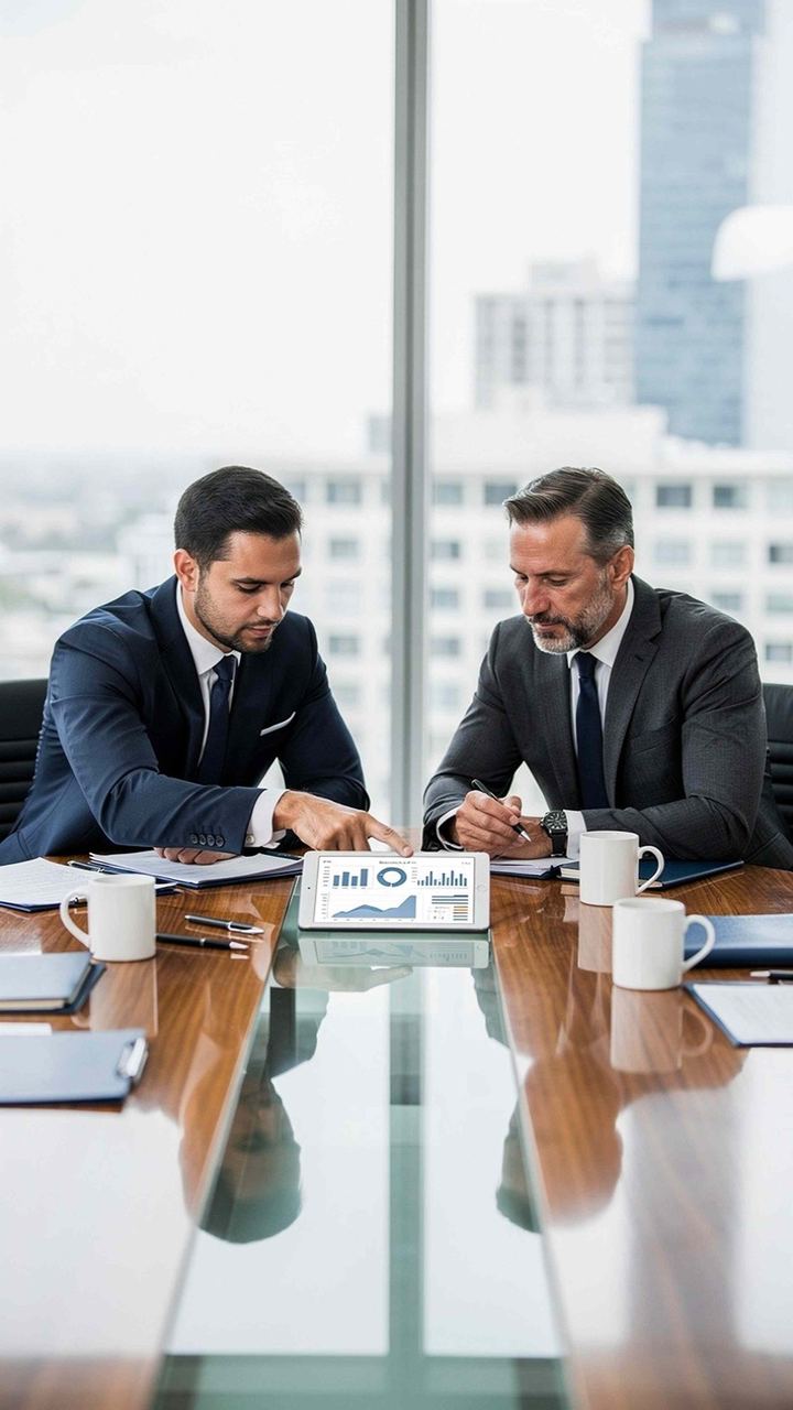 Business partners reviewing growth on a tablet